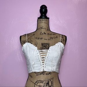 White Floral- Embroidered Lace-Up crop top